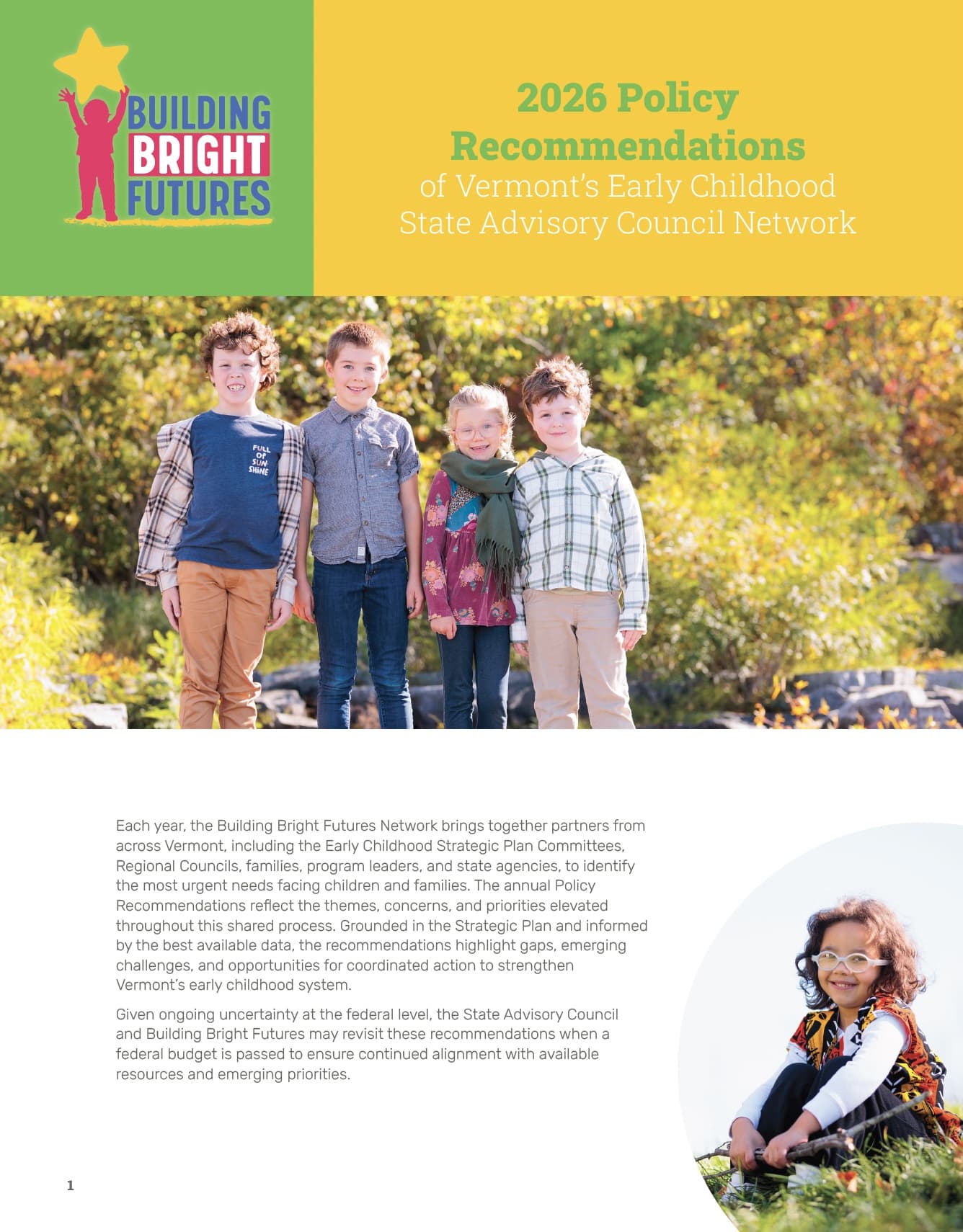 2026 Policy Recommendations of Vermont's Early Childhood State Advisory Council Network - cover page