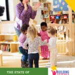 Cover of The State of Vermont's Children: 2025 Year in Review with image of teacher in classroom with four preschoolers clapping in a circle